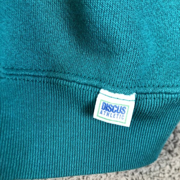 Vintage 70s 80s Discuss Sweatshirt XL Teal Green Blank Crewneck Pullover USA - Picture 2 of 6